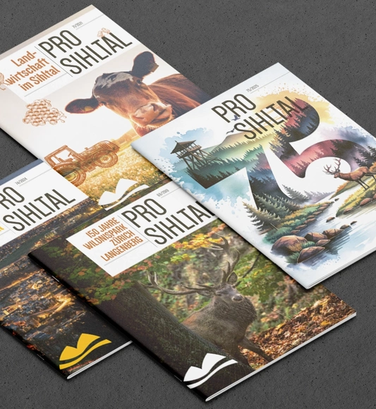 Verschiedene Covers des Mitgliedermagazins von Pro Sihltal